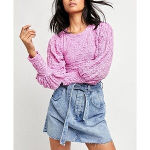 FREE PEOPLE Tea Time Pleated Balloon Sleeve Lace Plumeria Pink Top
